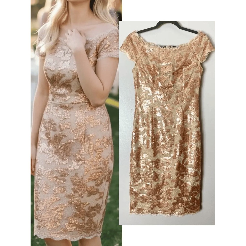 JS Collections Dress 2 Gold Lace Sequin Fringe Floral Garden Party Wedding Guest